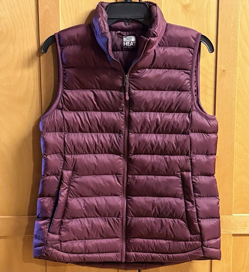 32 Degree Heat Puffer Vest Small Womens Burgandy Zipper Pockets Machine Wash
